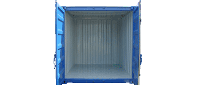 Een lege, blauwe materiaalcontainer van ZHV Verhuur met opengeslagen deuren.