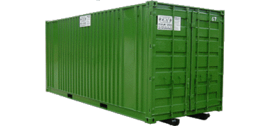Een groene materiaalcontainer van ZHV Verhuur met dichtgeslagen deuren aan de voorkant.